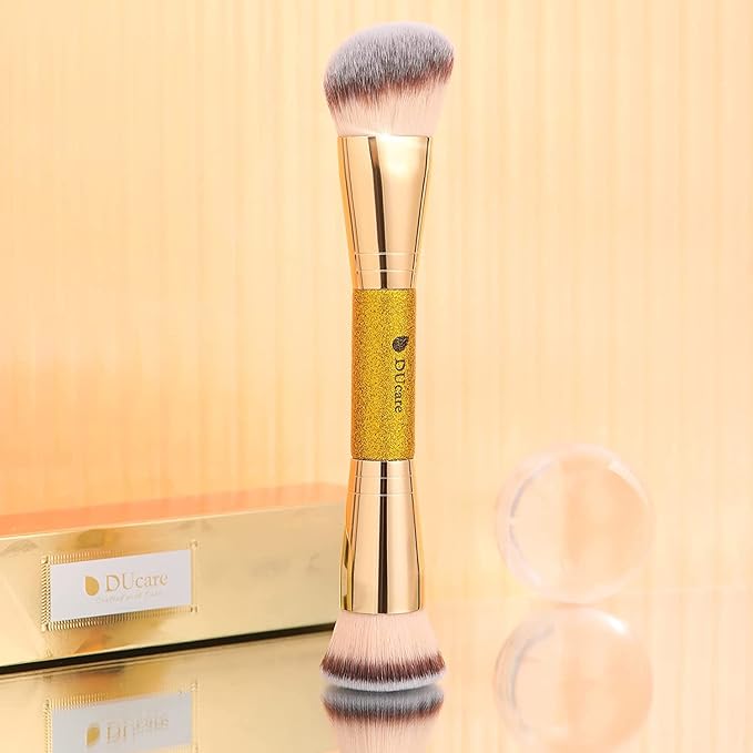 DUcare Dual End Foundation Contour Bronzer Brush, Gold Glitter Handle Double Ended Professional Face Makeup Tool for Liquid Cream Powder