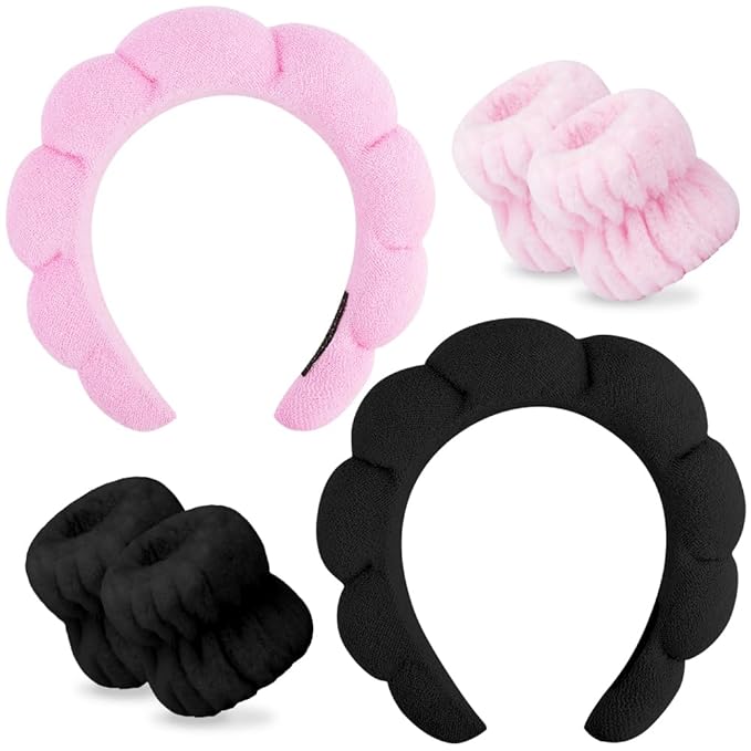 SPA Headbands for Washing Face Makeup Headbands with Bow Hair Band Women Facial Head Band Wrist Towel Wraps For Shower Face Mask Black Pink, 6 Pack