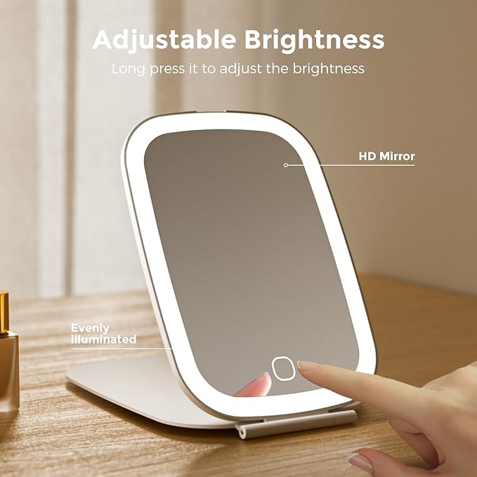 Rechargeable Travel Makeup Mirror with LED Light, Portable Light up Mirror, 3 Lighting Modes, 7x5 Inch Foldable Vanity Mirror for Desk or On The Go