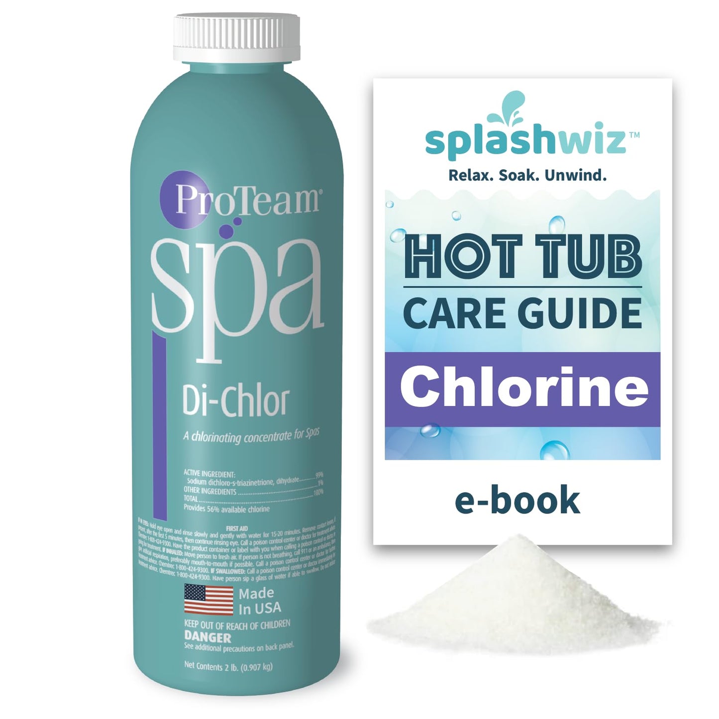 ProTeam Spa Di-Chlor - Hot Tub Chlorine for Hot Tubs and Spa Sanitizer for Hot Tub with SplashWiz Hot Tub Chemicals Care Guide - Made in USA (2 lb)