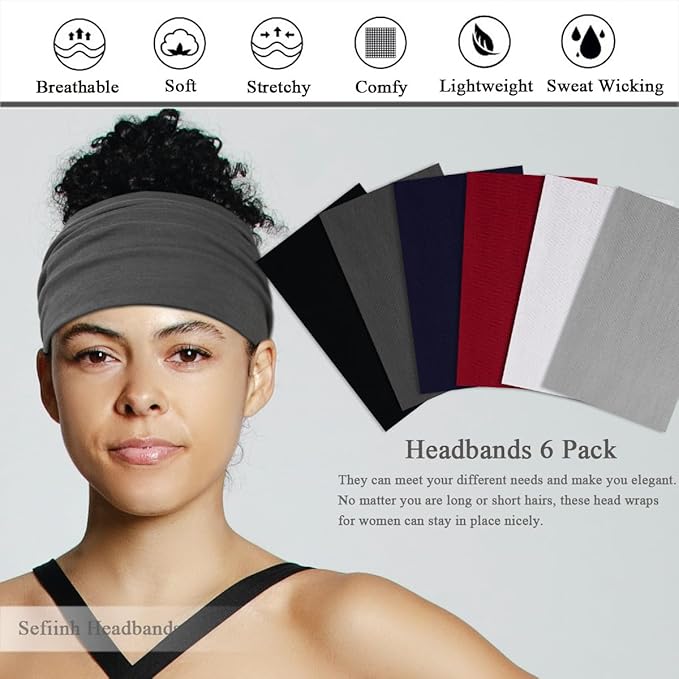 Sefiinh Wide Headbands For Women Stretch Headband Boho Head Bands Women's Hair Band Turban Workout Hairband Accessories 6 Pack