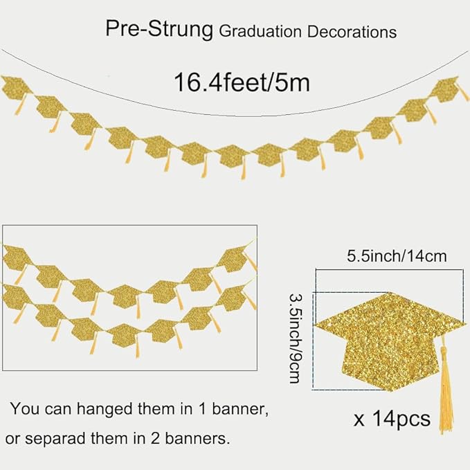 2026 Graduation Hats Decoration Banners Gold Glitter Graduation Cap with Tassel Banners Garlands Class of 2026 Graduate Party Banners for College High School Party Decorations
