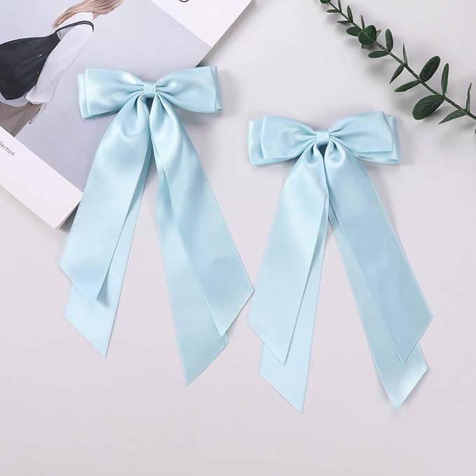 LuSeren 2 PCS Double Layer Hair Bows Light Blue Hair Ribbon Clips Ponytail Holder Accessories for Women Girls Toddlers Teens Kids