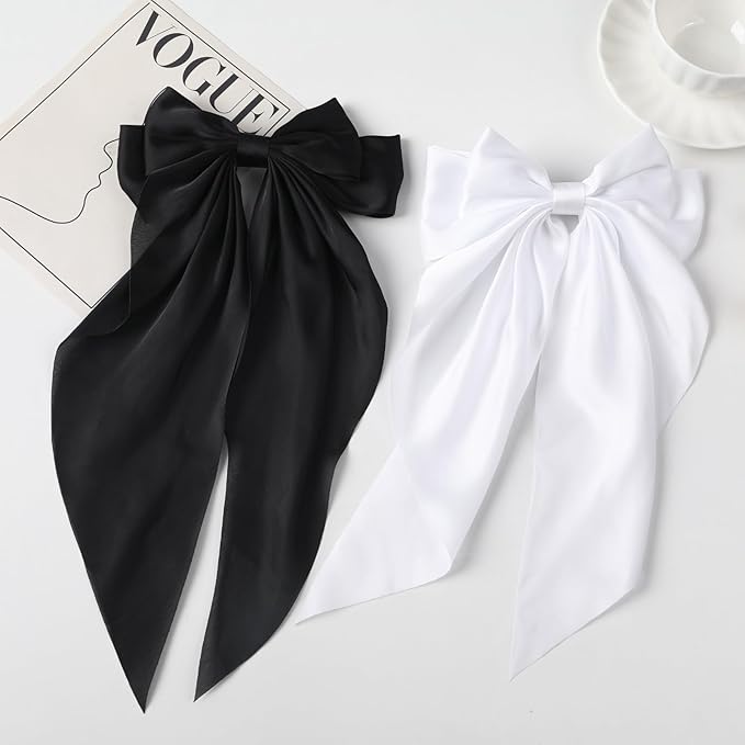 2PCS Big Hair Bow Clips for Women Girls Ã¢ÂÂ Black & White Ribbon Bow Barrettes with Long Tails, Large Satin Hair Accessories for Ponytail, Party, Wedding, Daily Styling