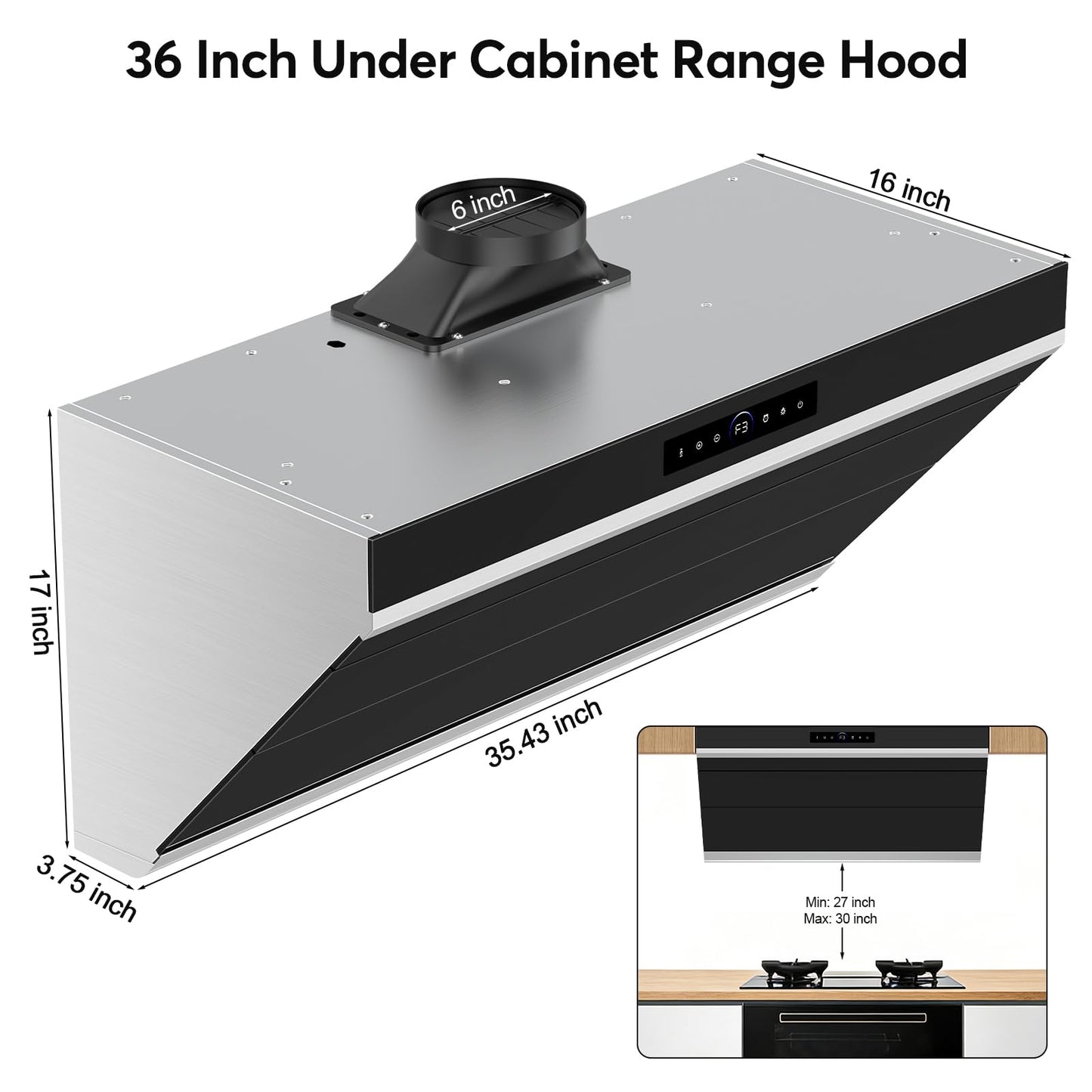 30 inch Under Cabinet Range Hood 900 CFM, Ducted/Ductless Convertible, 4 Speed Kitchen Vent Hood with Touch & Gesture Control, dimmable LED, Timer