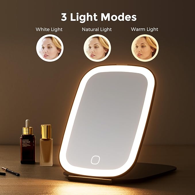 Rechargeable Travel Makeup Mirror with LED Light, 3 Lighting Modes, 7x5 Inch Foldable Vanity Mirror for Desk or On The Go, Black