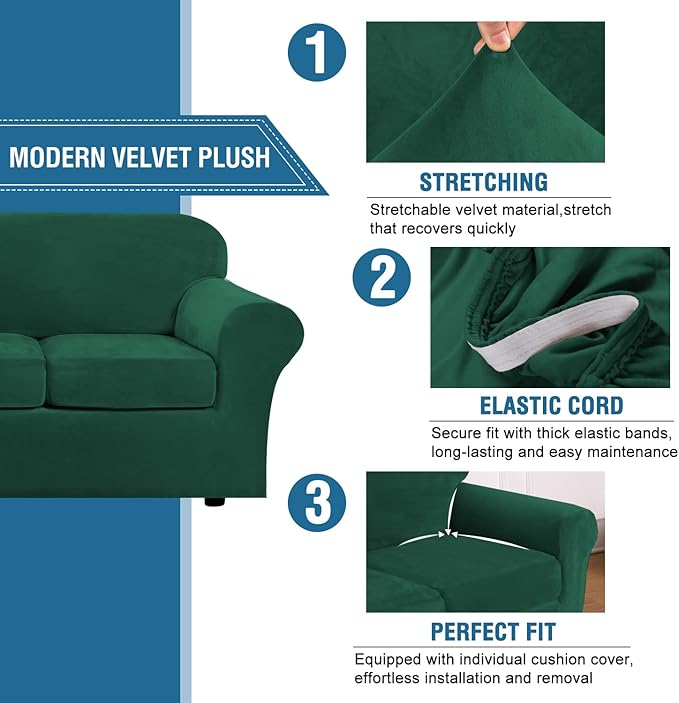H.VERSAILTEX Rich Velvet Stretch 2 Piece Cover Chair Slipcover Sofa Cover Furniture Protector Couch Soft with Elastic Bottom Chair Couch Cover Width Up to 49 Inch (Chair, Vintage Green)