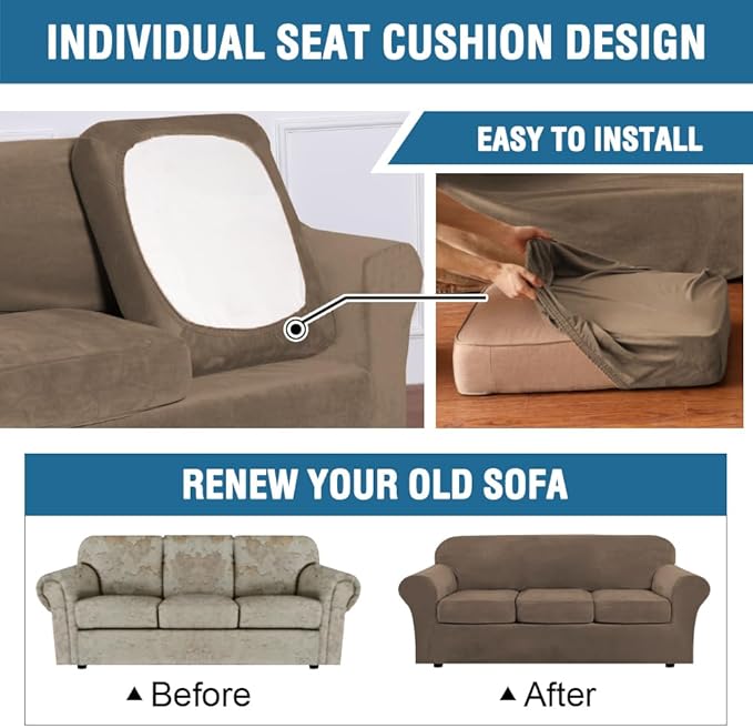 H.VERSAILTEX Real Velvet Plush 3 Piece Stretch Sofa Covers Couch Covers for 2 Cushion Couch Sofa Slipcovers Width Up to 90 Inch Feature Thick Soft Stay in Place (Sofa, Mocha)