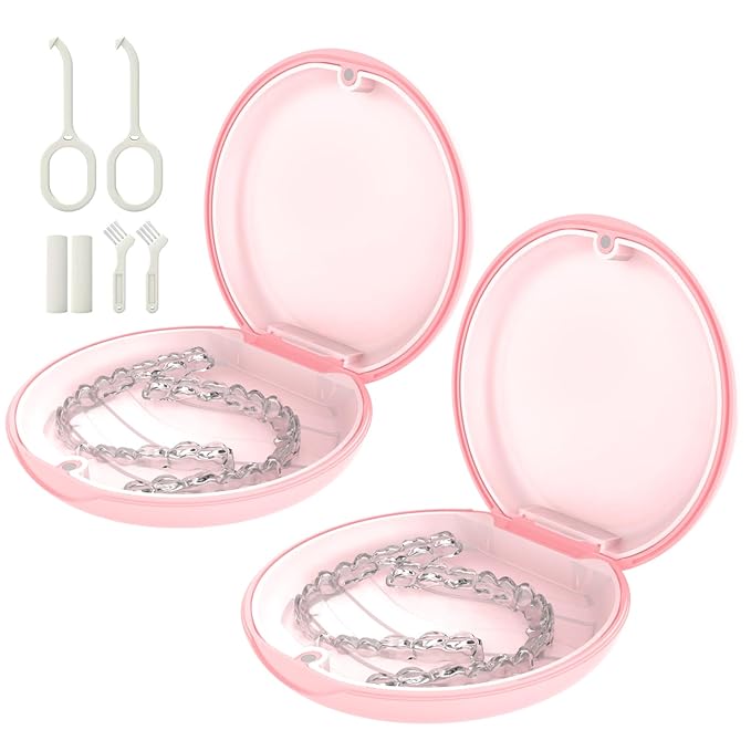 2 Pack Retainer Case, Compatible with Invisalign, Slim Aligner Case with Removal Tool, Aligner Seaters & Brush, Pocket Size Secure Magnetic Closure for Travel - Pink & Clear Silicone