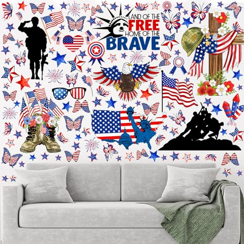 ReliThick 4th of July Wall Stickers Memorial Day Wall Decals Land of The Free Window Clings American Flag Military Soldier Boots Stickers Decor for Independence Day Party Home Office School Decor