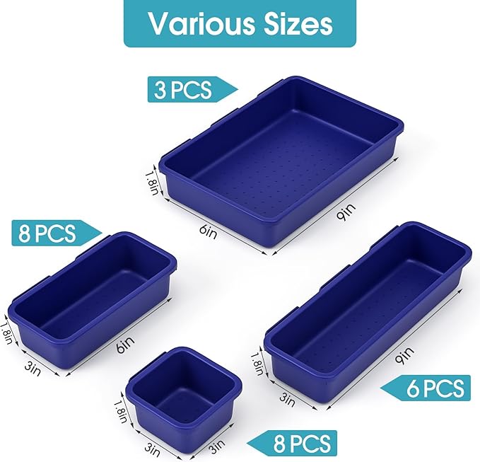 25 PCS Drawer Organizer Set, 4 Size Makeup Drawer Divider Organizer With Non-Slip Pads, Interlocking Plastic Storage Bins for Office,Jewelry Vanity,Gadgets, Bathroom,Kitchen, Navy