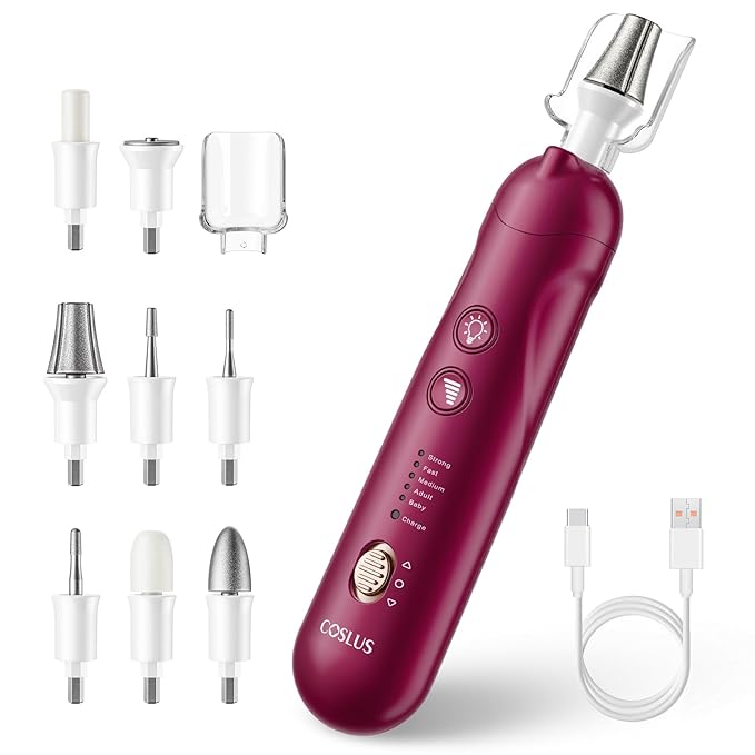 COSLUS Professional Manicure Pedicure Kit: 5 Speed Cordless Nail Drill for Thick Nail Toenail Cuticle, Hand Feet Trimmer Buffer for Women Men Baby Pet (RED)