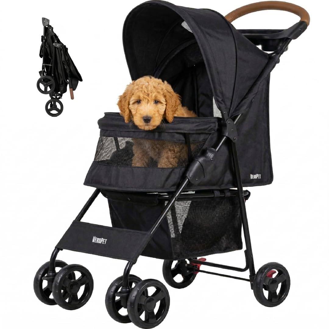 Pet Stroller for Small Dogs & Cats, Foldable Pet Stroller with Breathable Mesh, Storage Basket & Cup Holder, Lightweight 4-Wheel Dog Stroller, Portable Travel Pet Carrier (Up to 35 lbs)