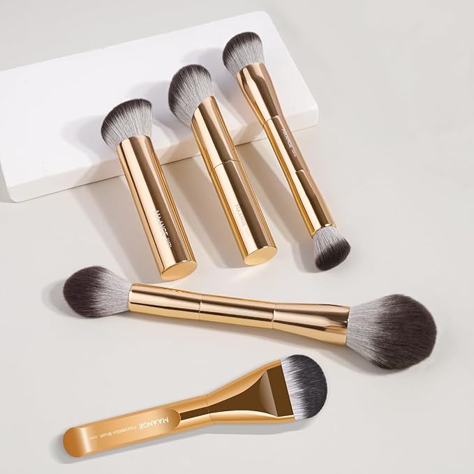 MAANGE 5 PCS Foundation Makeup Brush Set Double-ended Kabuki Mask Contour Brush for Liquid Powder Concealer Cream Cosmetics Blending Makeup Brushes (Gold)