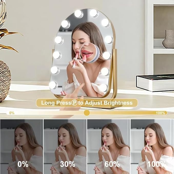 Vanity Mirror with Lights,17.3"ÃÂ13" Lighted Makeup Mirror with 12 Dimmable LED Bulbs,10X Magnification Smart Touch Control Hollywood Mirror with Lights,3 Colors Dimmable,360ÃÂ° Rotation (Gold)