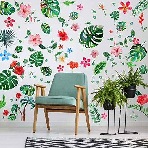 66 Pieces Large Palm Leaves Wall Decals Tropical Hibiscus Flower Peel Removable Stickers Green Plants Fresh Leaves Stickers for DIY Bedroom Living Room Office Bathroom Wall Corner