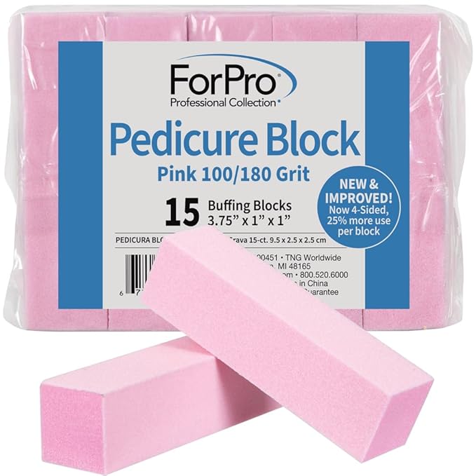 ForPro Professional Collection Pink Pedicure Block, 100/180 Grit, Three-Sided Pedicure Nail Buffer, 3.75” L x 1” W x 1” H, 15-Count