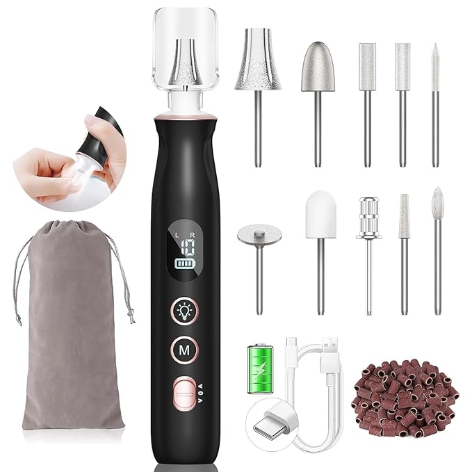 Electric Nail File Drill, Nail Drill with LCD & Lamp, Long-Lasting Thick Toenail Grind, Rechargeable & Cordless Toe Nail Filer Tools for Manicure and Pedicure, Gifts for Women and Men
