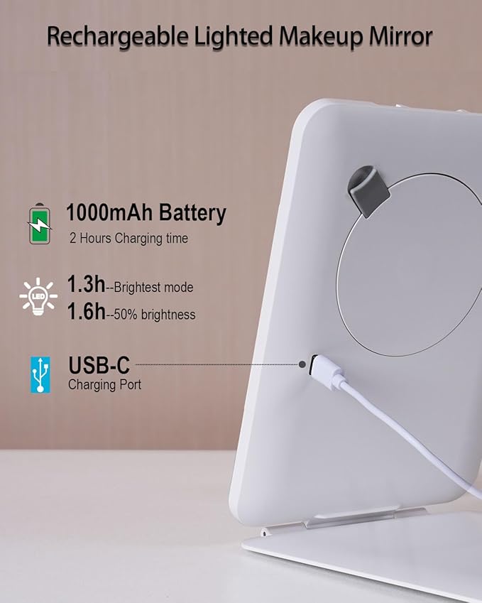 Rechargeable Travel Makeup Mirror with Lights and10x Magnification, 70 LEDs 3 Color Lights, Foldable Beauty Mirror, Portable Lighted Mirror Offwhite with Carrying Case