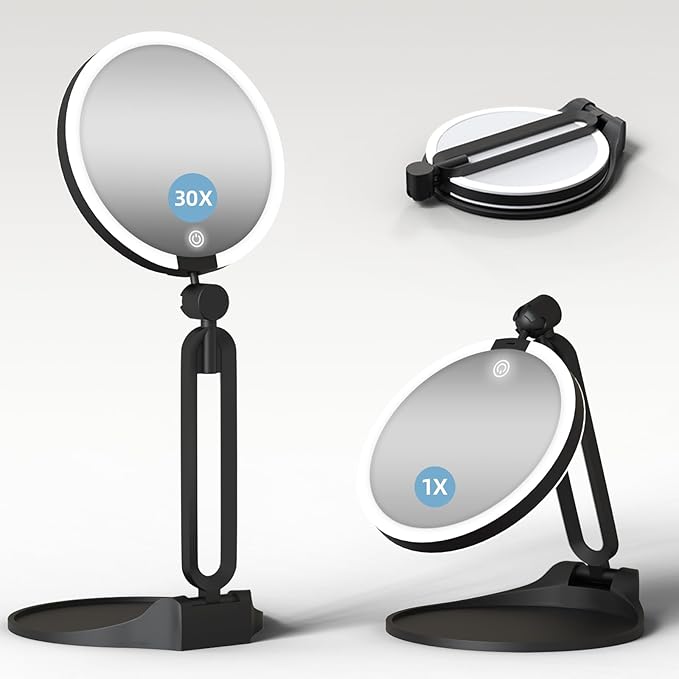 Magnifying Mirror with Light 30X/1X, Double Sided Travel Makeup Mirror with Lights and Magnification, 3 Colors Dimming Lighting, Rechargeable Large Size of 6inch, Foldable Design, 360°Angle Adjustable