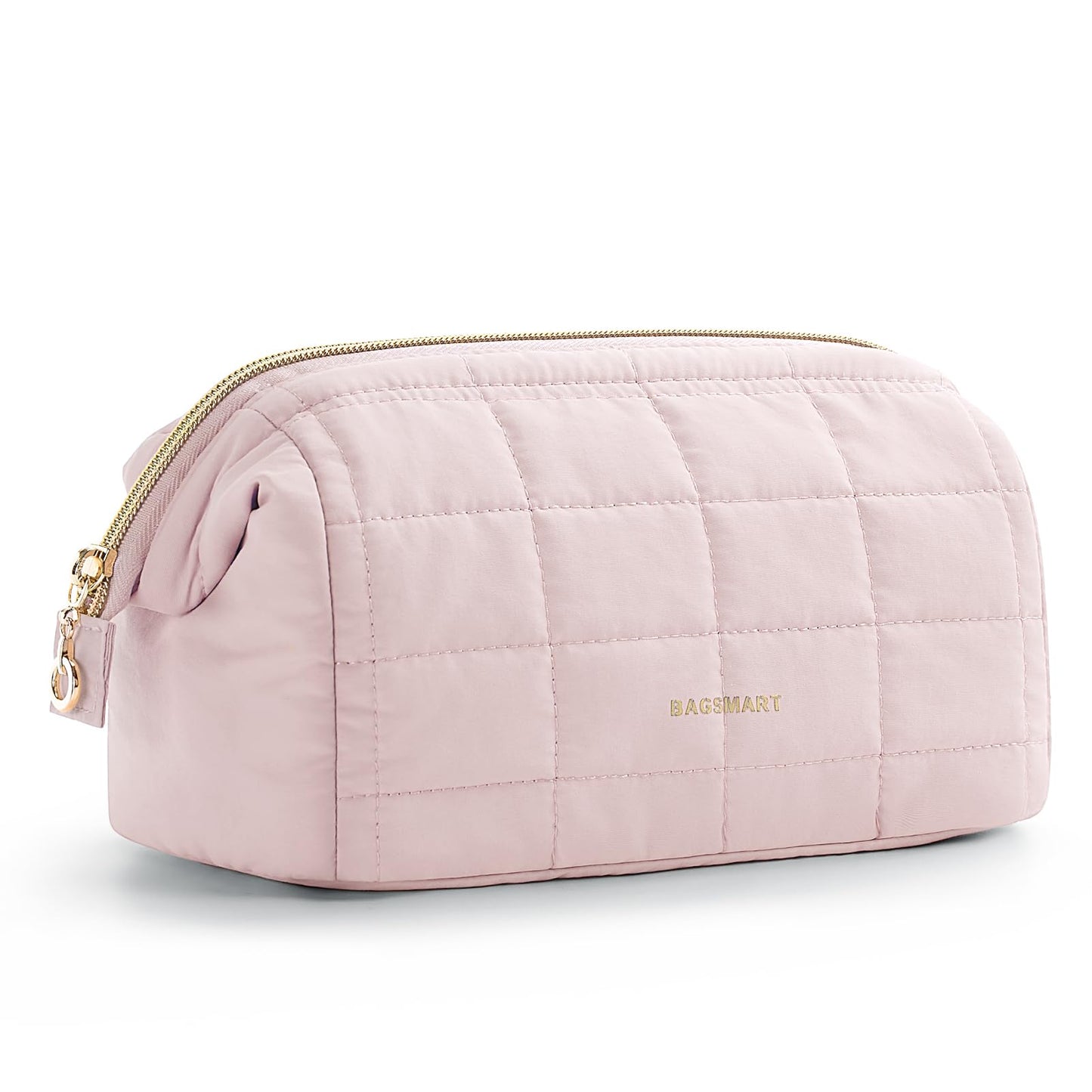BAGSMART Birthday Gifts Personalized Initial Makeup Bag, Trendy Stuff Gifts for Women Bridesmaid Graduation, Puffy Padded Make Up Bags for Women, Wide-open Toiletry Bag, Pink M