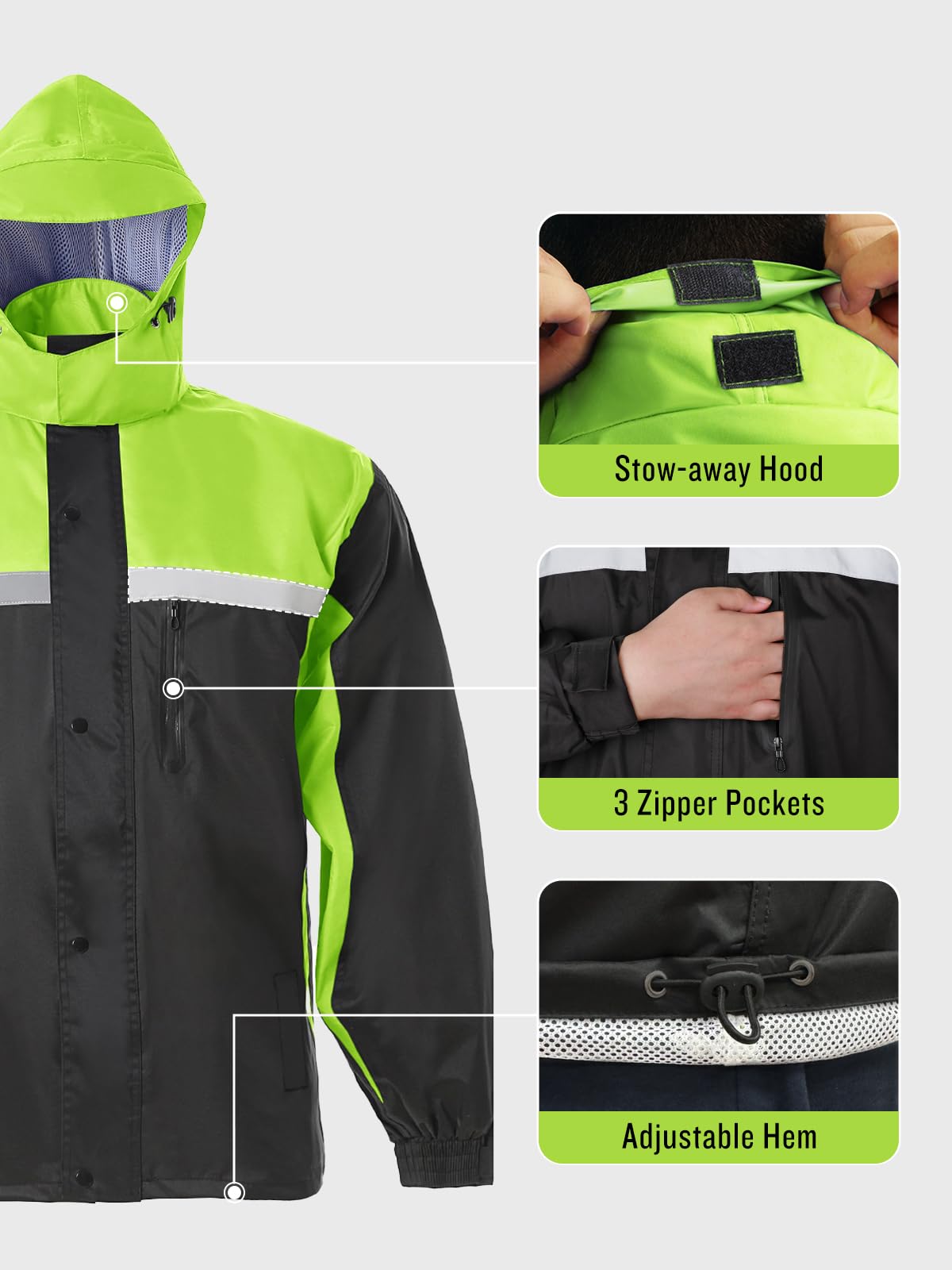 SaphiRose Men's Rain Suit High Visibility Reflective Work Rain Jacket Pants for All Sport Farm Fishing Motorcycle (Black/Green,XX-Large)