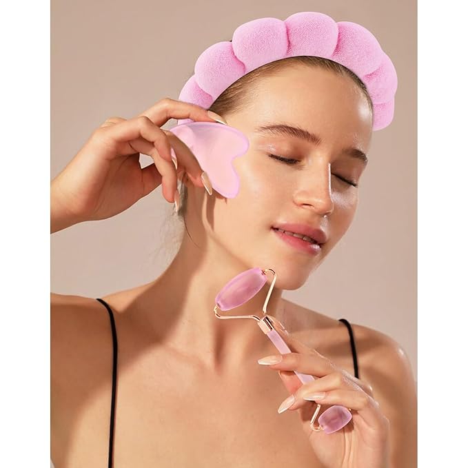 Chanaco Spa Headband and Wristbands for Women Gua Sha & Jade Roller Facial Tools Skincare Headband for Washing Face Makeup Fash Wash Hairband Teen Girl Trendy Stuff