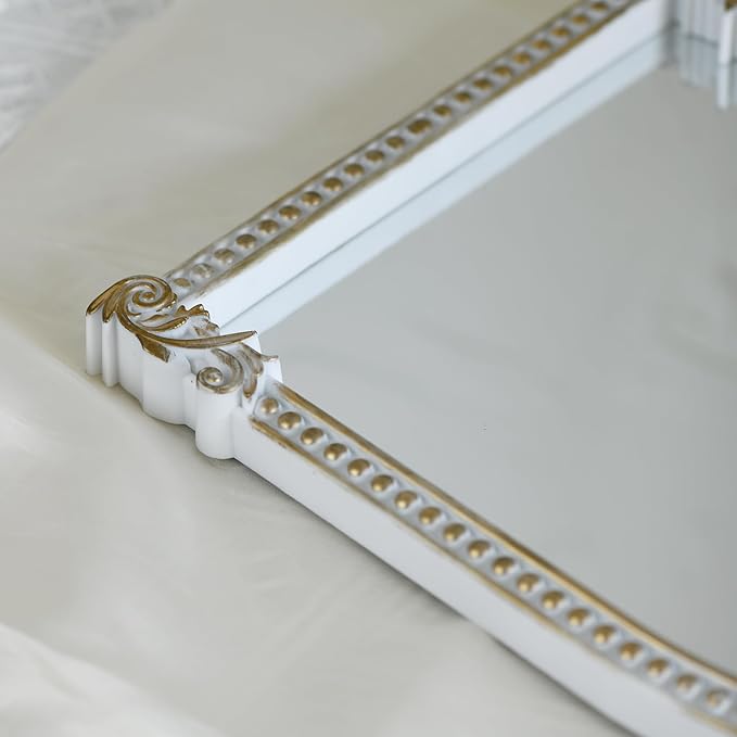 Antique White Plastic Arched Makeup Mirror, Standing, Hanging or Wall Mount, Bathroom, Living Room, Bedroom White and Gold Decorative Mirror (10.6 x 8.6 inch)