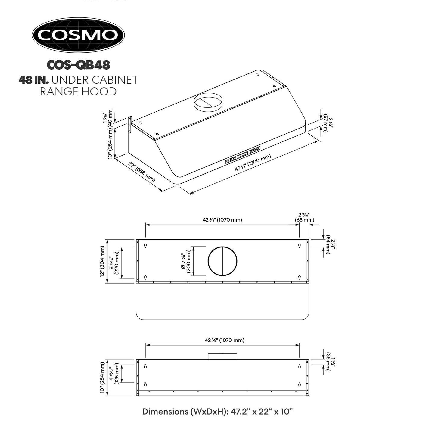 COSMO COS-QB48 48 in. Haven Collection 500 CFM Ducted Under Cabinet Range Hood, Button Control, LED Lights, Stainless Steel