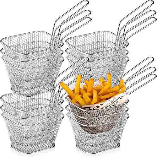 36 Pcs Mini Square Fry Basket with Handle Chrome French Fry Holder Chip Food Presentation Baskets Net Potato Cooking Tool for Food Table Serving Oil Residue Filtration