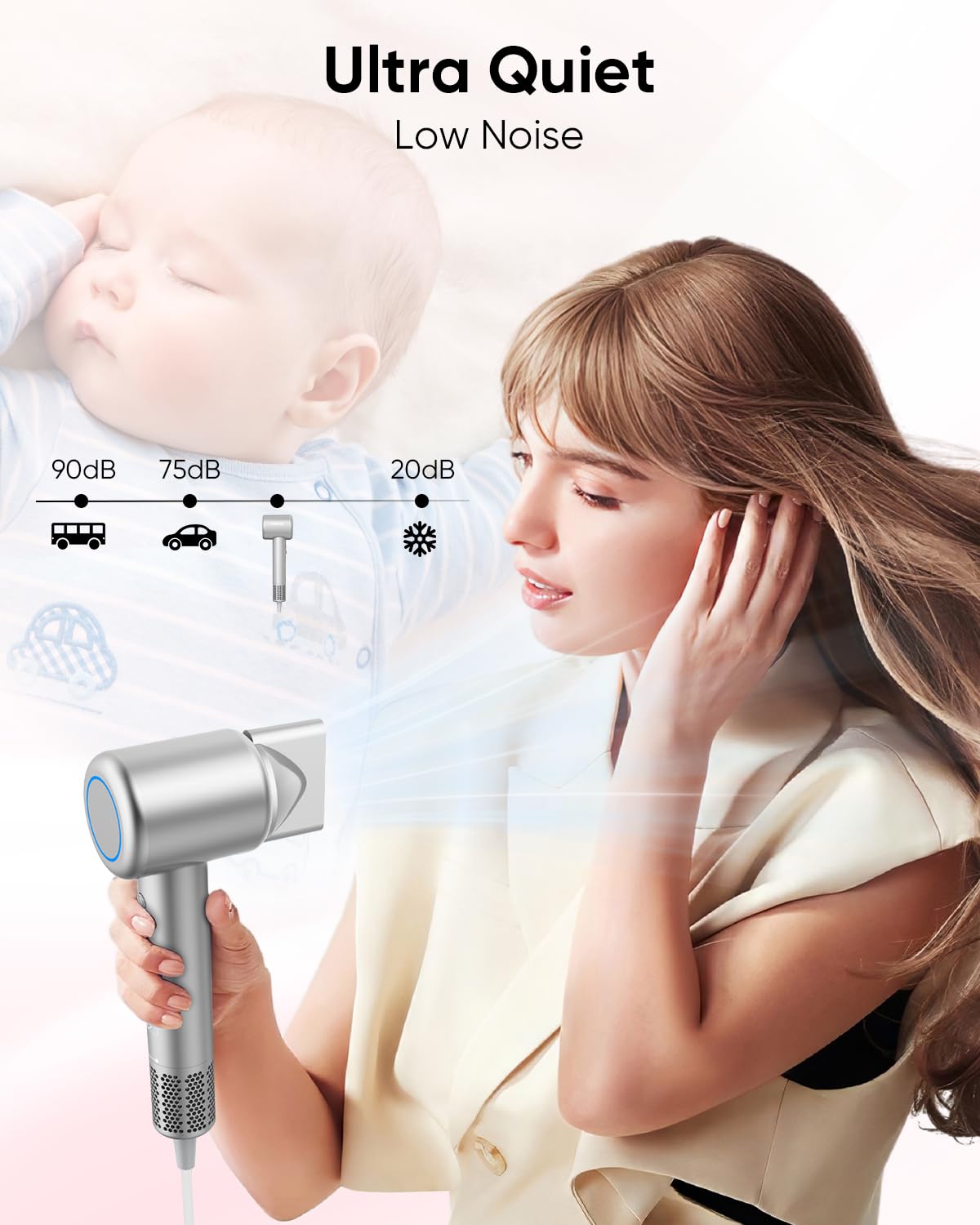 Hair Dryer, High-Speed Ionic Low Noise Blow Dryer for Fast Drying, Birthday Christmas Gifts for Women Men Mom Dad, Thermo-Control Quiet Compact Hair Blow Dryer for Travel Salon, Silver