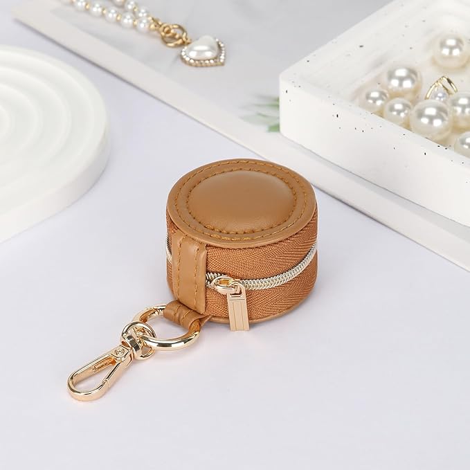 Jewelry Ring Holder Box with Keychain, Portable Gym Jewelry Storage Box Case, Small Travel Ring Earring Stud Necklace Storage Case (Brown)