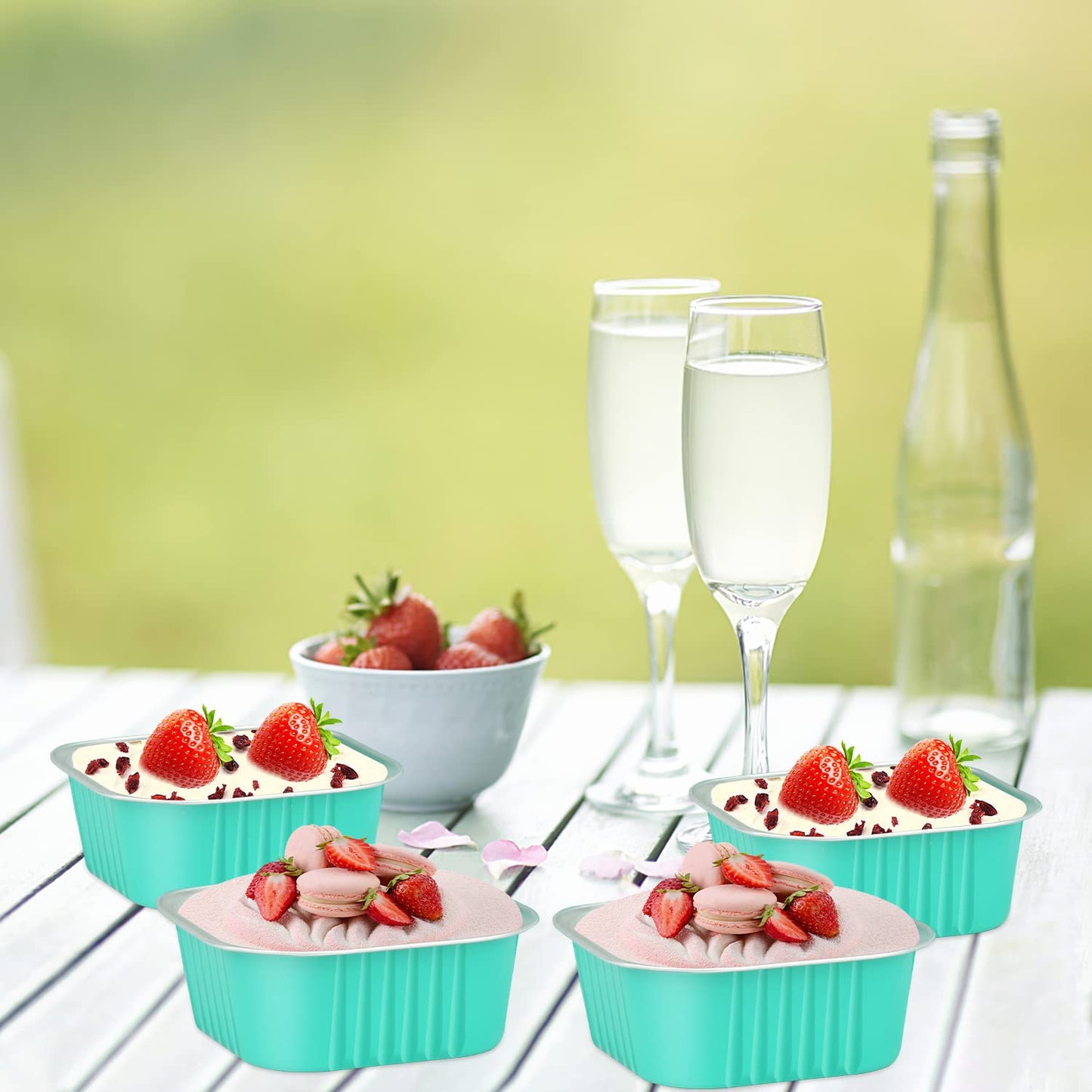 10oz Aluminum Brownie Pans 40 Pack,LNYZQUS Square 4”X4” Disposable Ramekins Cupcake Liners With Lids,Mini Cake Baking Pans,Large Muffin Tin Holders For Catering Gathering-Cyan Blue