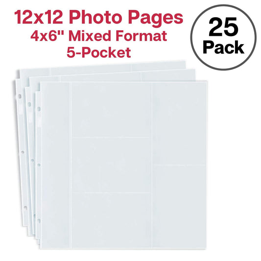 Dunwell Photo Album Refill Pages 12x12 (4x6 Mixed Layout), 25 Pack Holds 250 Pictures, Plastic 4 x 6 Photo Sleeves for 3-Ring Scrapbook Binder, Acid-Free Poly