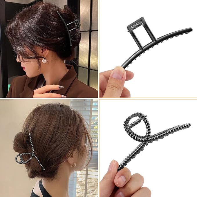 Large Metal Hair Claws for Thick Long Hair - Butterfly Clips with Grip Teeth, Non-Slip Big Jaw Clamps for Women (Black)