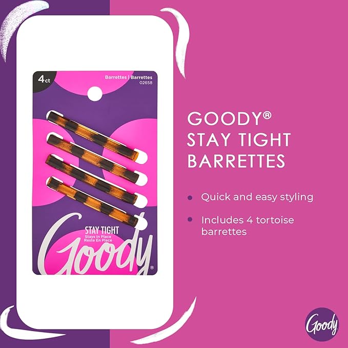 Goody Stay Tight Hair Barrettes, 4 Ct, Mock Tort, SlideProof Flat Clips, Comfortable & Versatile Styling Accessories for Women, Men, Boys & Girls, Clips for All Hair Types