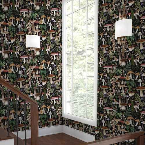 Simon&Siff Mushroom Peel and Stick Wallpaper Black Boho Contact Paper Removable Self Adhesive Wall Paper for Bedroom Bathroom Cabinet Countertop 17.3" x 80"