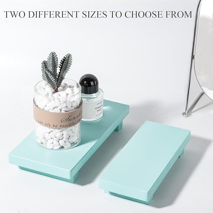 zoocatia Small Wood Tray Pedestal Stand Farmhouse Bathroom Decor Decorative Wooden Riser Kitchen Soap Dish Holder for Vanity, Counter, Sink, Light Blue