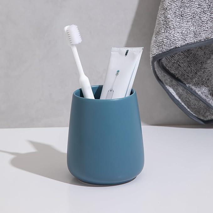 Blue Toothbrush Holder for Bathroom - Ceramic Tooth Brushing Holders, Toothbrush Cup, Toothpaste Organizer for Bathroom Countertop, Makeup Brush Holder, Pen Holder for Home Desktop Storage