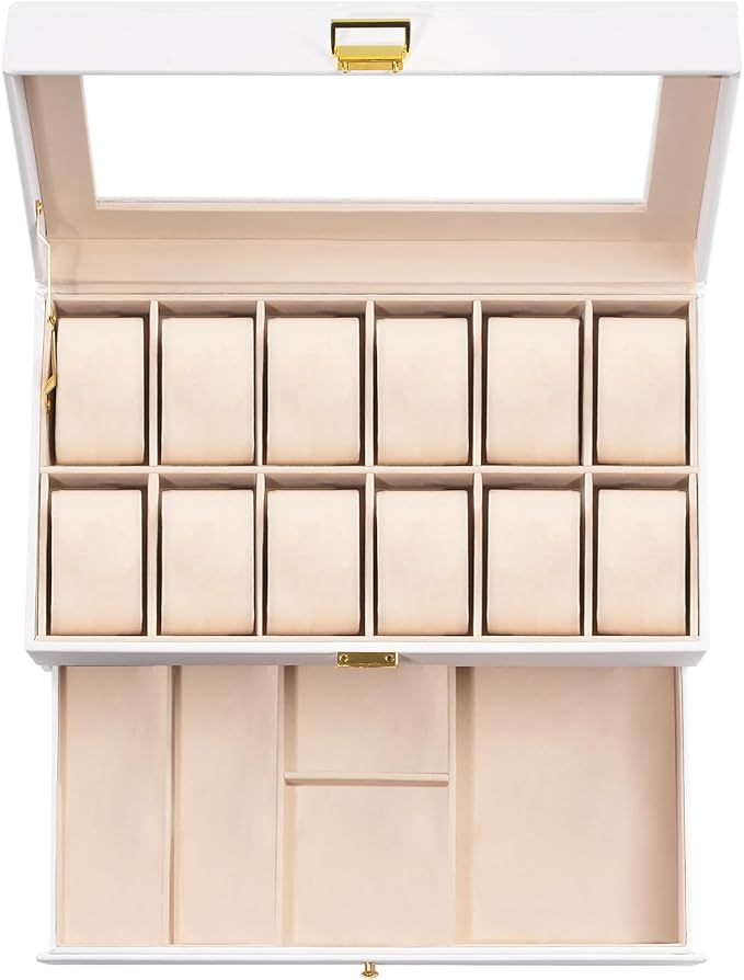 ProCase Watch Box, 12 Slot Mens Watch Case With Drawer, 2-Layer Watch Display Case With Glass Lid, Mens Jewelry Box Storage Holder Organizer, Birthday Valentine Gifts for Men -12Slot, White