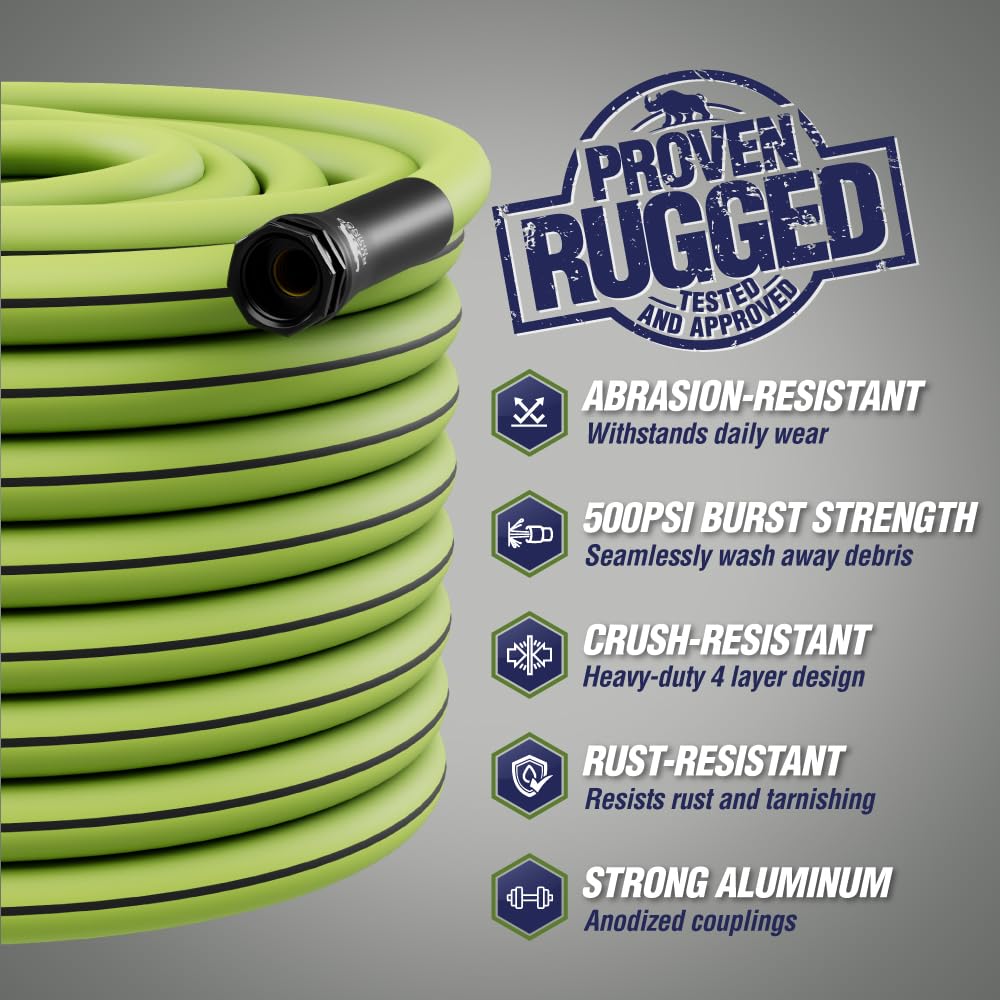 RUGGED RHINO Heavy Duty Garden Hose 25ft x 5/8in, Anti-Kink and Leakproof, Durable 4-Layer Construction, 500 PSI Burst, All Weather Outdoor Watering for Lawn, Garden, Flowers, Green and Black