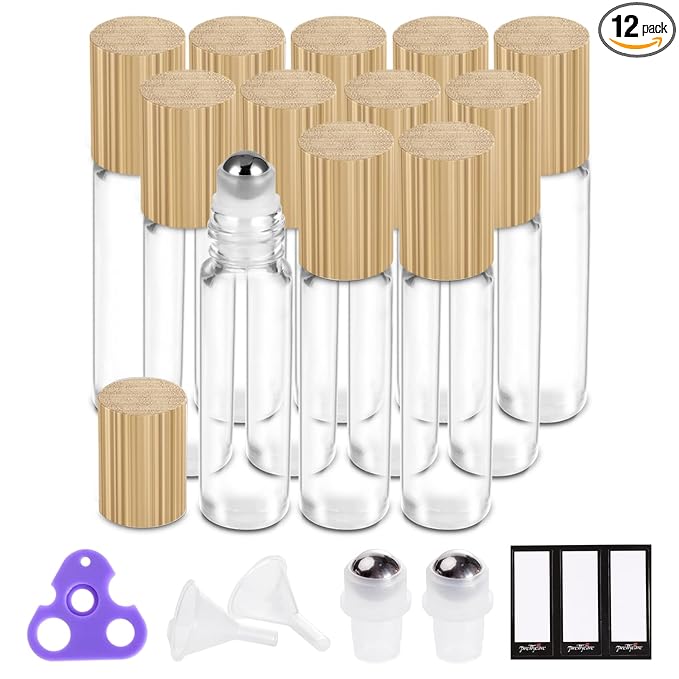 Essential Oil Roller Bottles 10ml ( Clear Glass Bottle with Bamboo Lid, 12 Pack, 2 Extra Stainless Steel Balls, 24 Labels, 1 Opener, 1 Funnel, 2 Droppers ) Roller Balls for Oils, Roller on Bottles