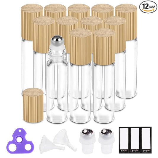 Essential Oil Roller Bottles 10ml ( Clear Glass Bottle with Bamboo Lid, 12 Pack, 2 Extra Stainless Steel Balls, 24 Labels, 1 Opener, 1 Funnel, 2 Droppers ) Roller Balls for Oils, Roller on Bottles