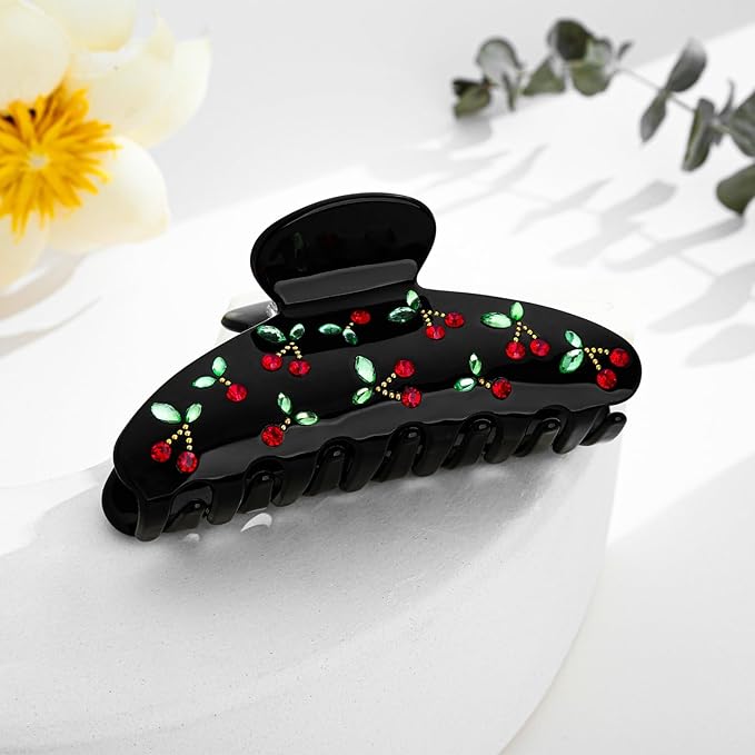 LILIE&WHITE Acrylic Hair Clips For Women Black Claw Clips With The Rhinestone Pattern In Red Cherry Hair Clip With Claw For Thick Hair Strong Hair Fix Claw Clips