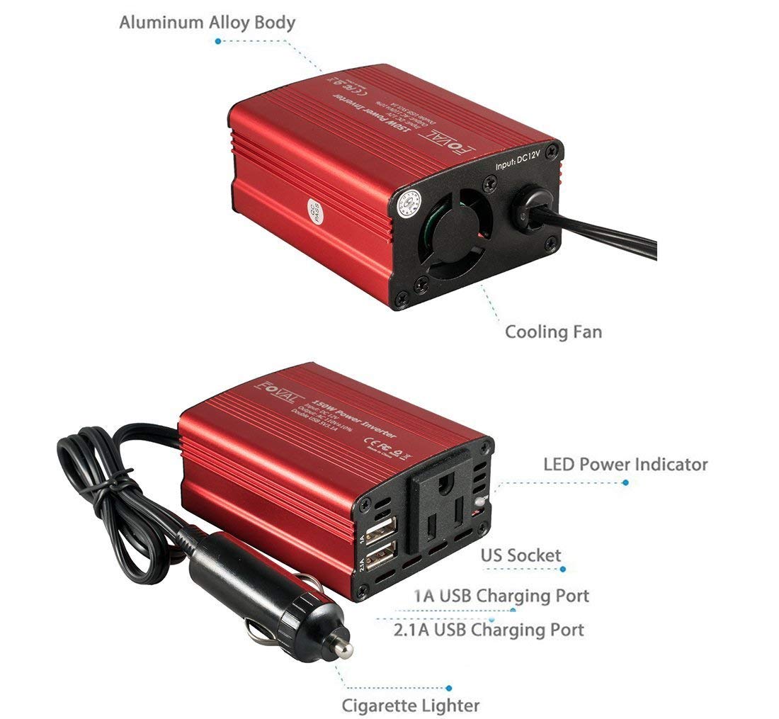 FOVAL 150W Car Power Inverter 12V DC to 110V AC Converter Vehicle Adapter Plug Outlet with 3.1A Dual USB Car Charger for Laptop Computer (Classic Blue)