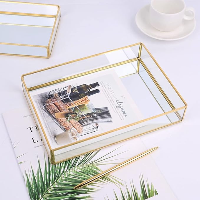 Sooyee Gold Rectangle Mirror Tray, Metal and Glass Decorative Tray Can Hold Perfume, Jewelry, Cosmetics, Makeup, Magazine and More for Vanity, Dresser, Bathroom, Bedroom (12"x8")
