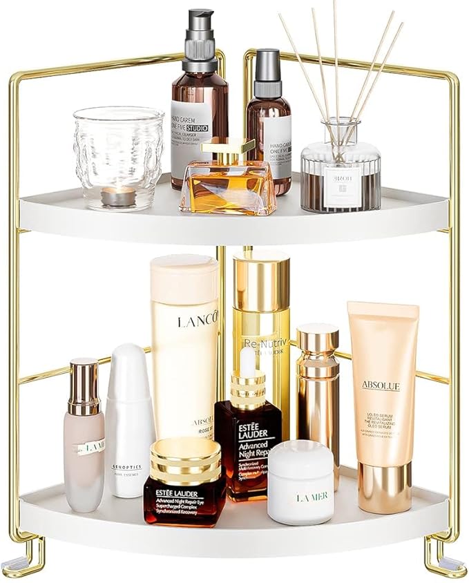 2-Tier Bathroom Corner Counter Organizer, Makeup Storage Shelf Vanity Tray, Bathroom Sink Countertop Organizer, Gold