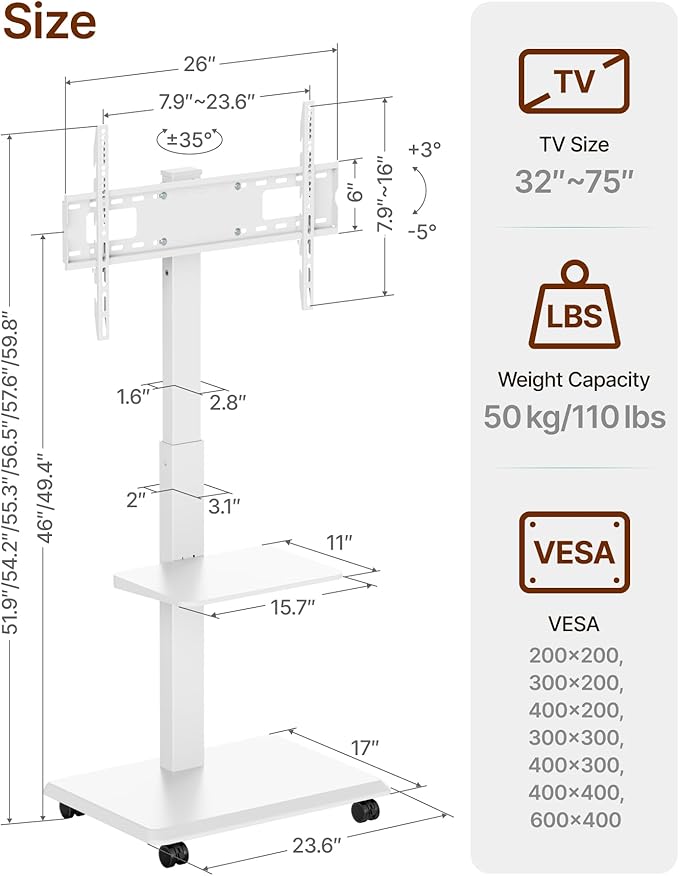 ECOTINY Steel Base Rolling TV Stand for 32-75 inch TVs up to 110 lbs, Leveling & Tilt & Swivel Mobile TV Stand with Hidden Wire Management, Height Adjustable Portable Tv Stand with Steel Shelf, White