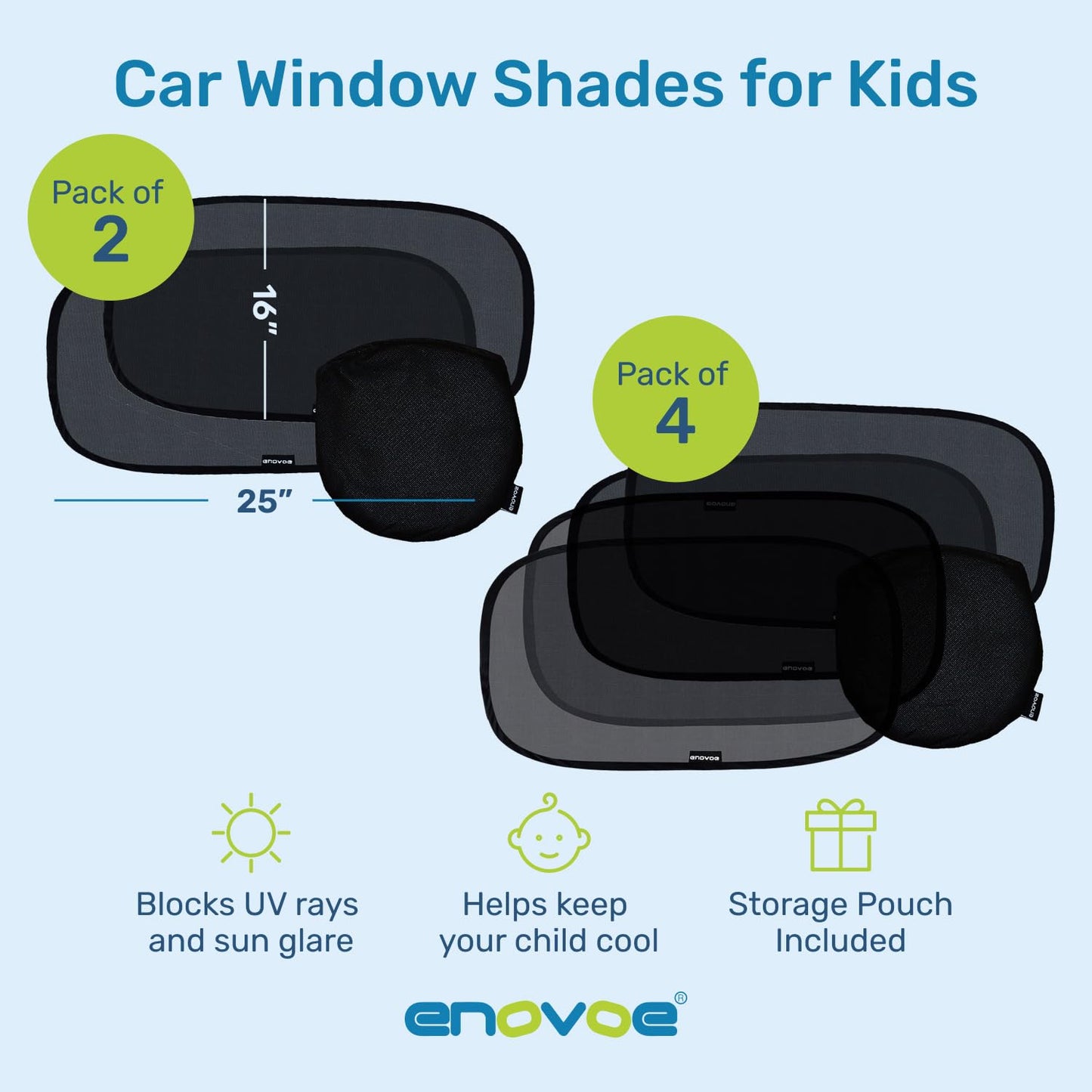 Enovoe Car Window Shade for Baby - (4 Pack) - XL - 25" x 16" - Cling Car Sun Shade for Windows - Sun, Glare and UV Rays Protection for Your Child