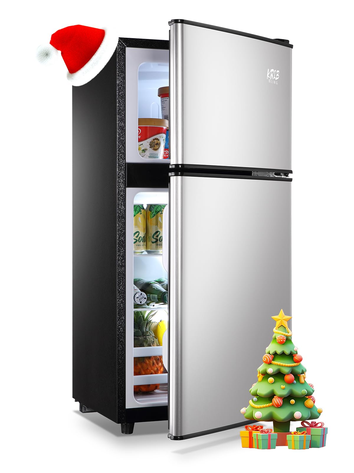 KRIB BLING 3.5 Cu.Ft Refrigerator with Freezer, 2 Doors Fridge with Adjustable Thermostat Control, Refrigerator for Kitchen, Dorm, Apartment, Garage, Office, Silver